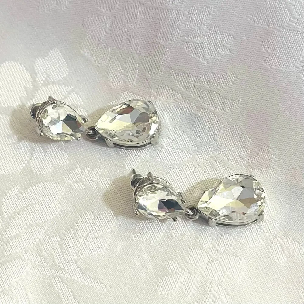 Clear Rhinestone Teardrop Pierced EARRINGS Dangle Drop Hollywood Glam Formal